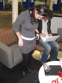 Periodic prototyping at Wednesday afternoon tea. Nadia Pantidi trying out a vibrotactile belt (October 2008). Photo by Jon Bird.